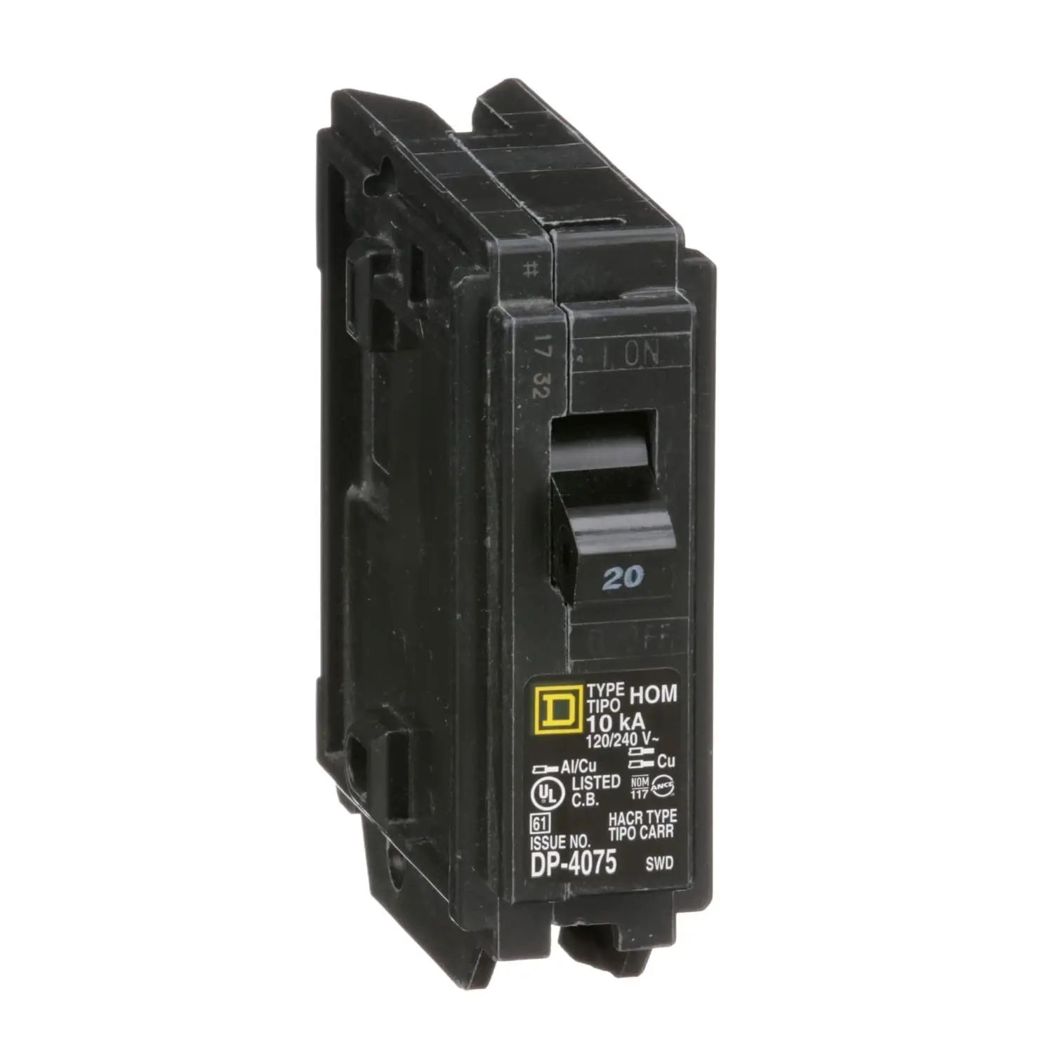 Square D Homeline HOM120 Genuine OEM Part Single-Pole Circuit Breaker, 20A Rating, 120V, 10 KAIC, Thermal Magnetic Trip, Overload Safe, Plug-In Install, for Residential & Light Commercial Use