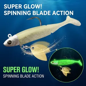 Pre-Rigged Underspin Glow Swimbait Fishing Lures with Soft Paddle Tail SoftInterchangeable Glow Soft Swimbait with Blade – Weighted T-Tail Lure for Bass Jig Head Lures Pre-Rigged bass swimbait soft lure