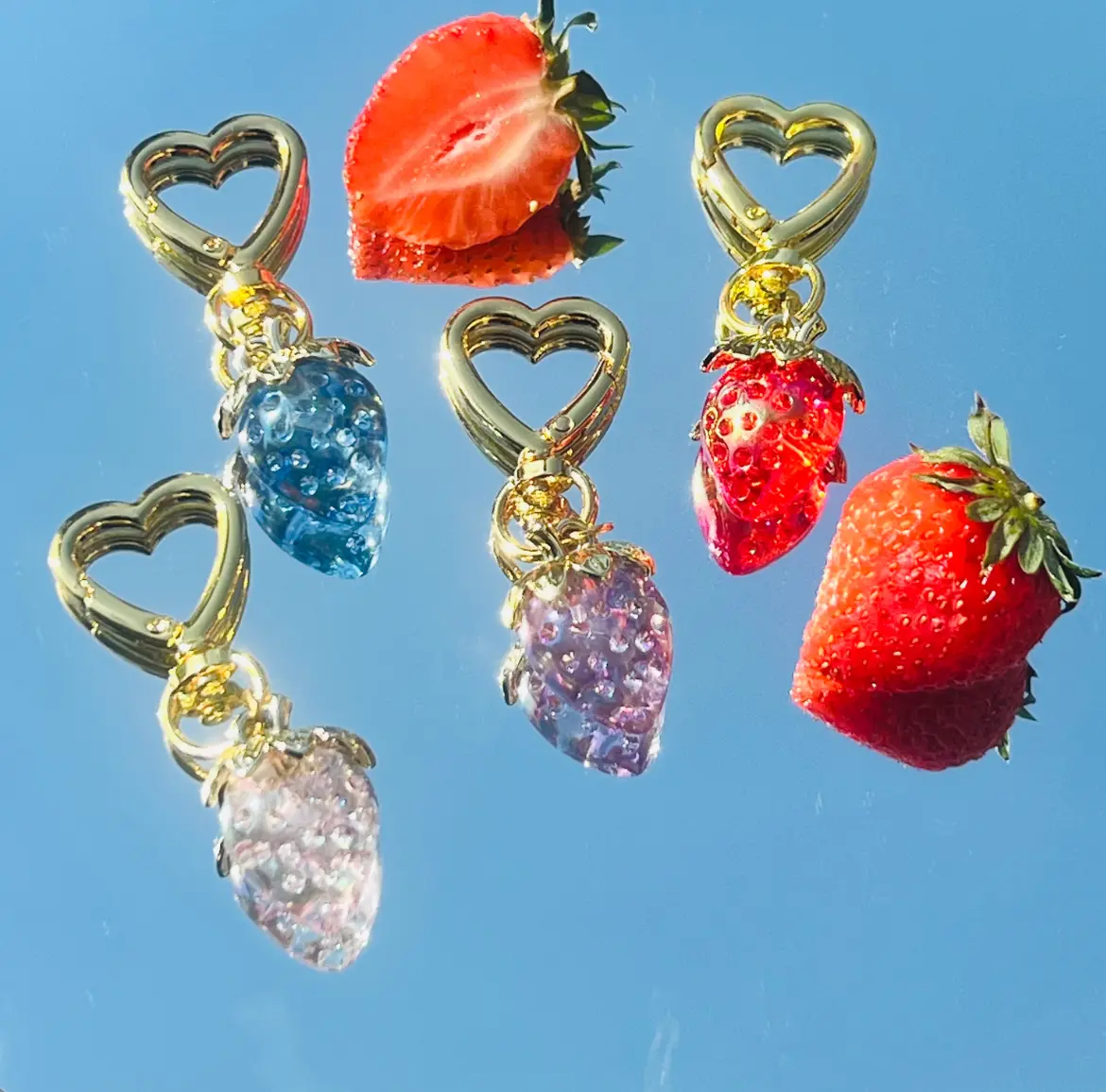 Charming Strawberry Heart Keychain Bag Charm with Iridescent Strawberry Keyring for Whimsical Everyday Style