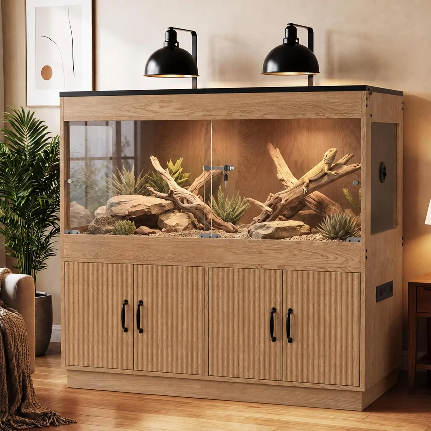 BELNET 120 Gal Wood Finish Reptile Terrarium Tank with Storage Cabinet, 4x2x2 Stand, Glass/Acrylic Panels, Lockable Door, Locking Mesh Top, Built-In Power, Airflow Vent, 2 Boxes Home Enclosure