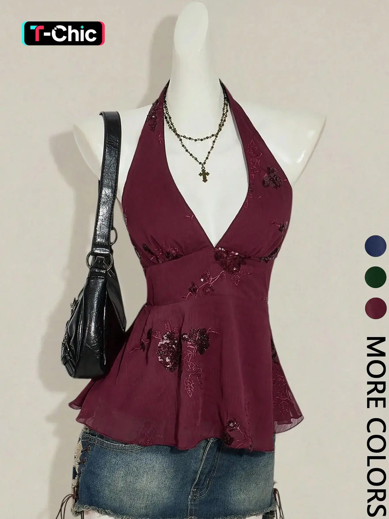 1 Piece Beaded Halter Tank Top | Euro-American Retro Vibe | Deep V Design + Floral-Decor | Elegant Pick for Evening Dinner Parties / Wedding Guests