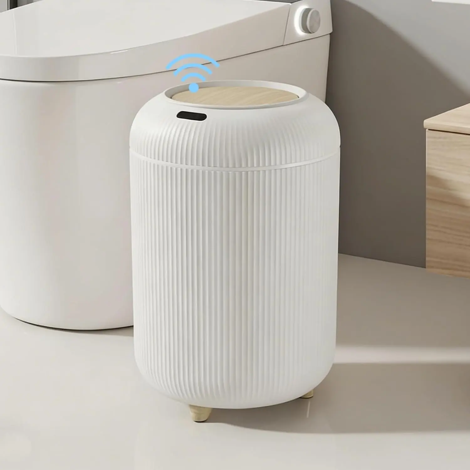 MAYSTAR Minimalist Nordic Style Plastic ABS Sensor Automatic Trash Can - Household Bathroom Gadget, Touchless, Waterproof, Odor-Proof, Space-Saving, 3-5 Gal, White/Pink for Bathroom, Office