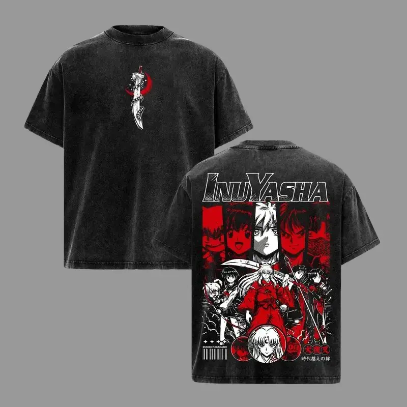 Men's Short-Sleeve Inuyasha Graphic Tee - Menswear Top, Vintage Washed Oversized Heavy Cotton, Red, Back Print, Streetwear Manga Gift (Featuring Kagome Higurashi, Sesshomaru, Kikyo, Miroku, Sango, Shippo)