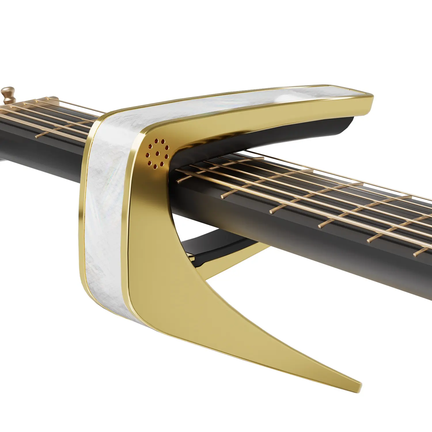 Guitar Capo with Jade Pattern Design, Metal and Shell Inlay, Lightweight 2.1 Ounces, Quick Switch, Anti-Slip Silicone, Gold and White