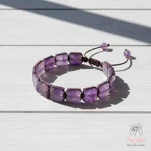 Sofia Natural Amethyst Bracelet, Square Shaped Crystal Beads Bracelet Boho Style Adjustable for Daily Use Gift for Him and Her Trendy Fashionable Accessories