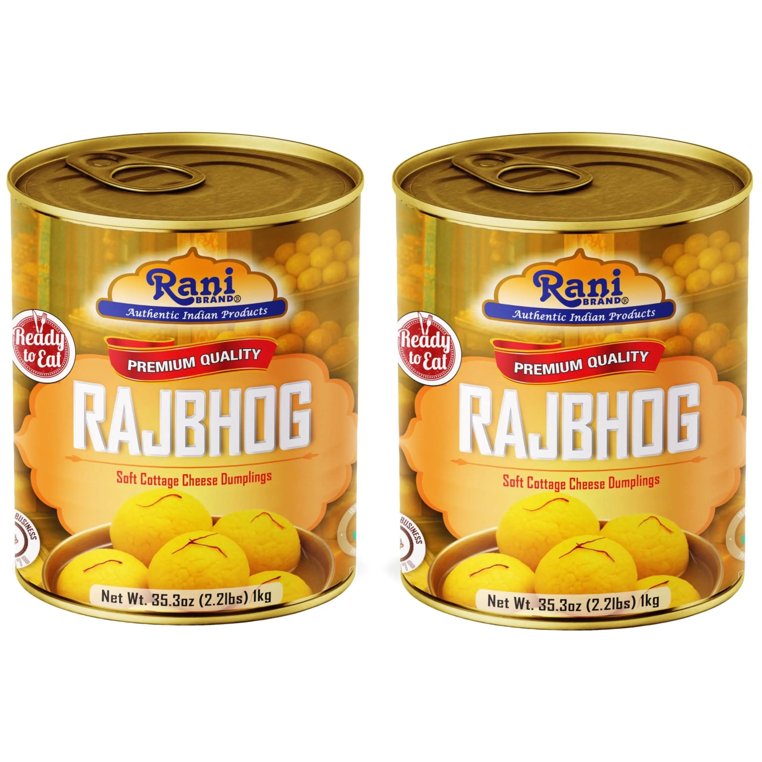 Rani Rajbhog (Soft Cottage Cheese Dumplings) 35.3oz (2.2lbs) 1kg, Pack of 2, Approximately 14 pieces, Easy Open Lid ~ Ready to eat | All Natural | Gluten Free | Non-GMO | Kosher | Indian Origin
