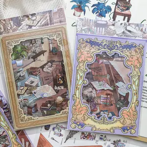 8 simple miniature scene stickers Magic, detective, scene themes Minimalist style PET white card double material Self adhesive DIY journal decoration scrapbook material sticker pack