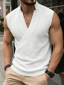 Men's Cross V Neck Sleeveless Knit Vest, Waffle Knit Stand Collar Slim Fit Tank Top, Textured Geometric Casual Summer Top for Business, Daily Wear, Street Style #springsaledeals2026 #summeroutfits #tiktokshopmademebuyit #menfashion