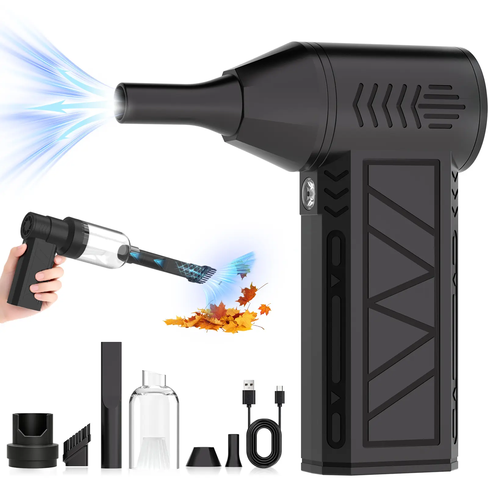 JORHUSZ 2-in-1 Compressed Air Duster & Vacuum, Cordless Rechargeable Electric Air Blower with Multiple Nozzles for Keyboard, Computer, Car and Home Cleaning