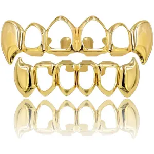 TOPGRILLZ Vampire Teeth Grillz - Grills for Your Teeth, 14K Gold Plated Vampire Fangs Open Face Gold Grillz for Men Women Hip Hop Cosplay Rapper Costume Accessory (Extra 2 Molding Bars)