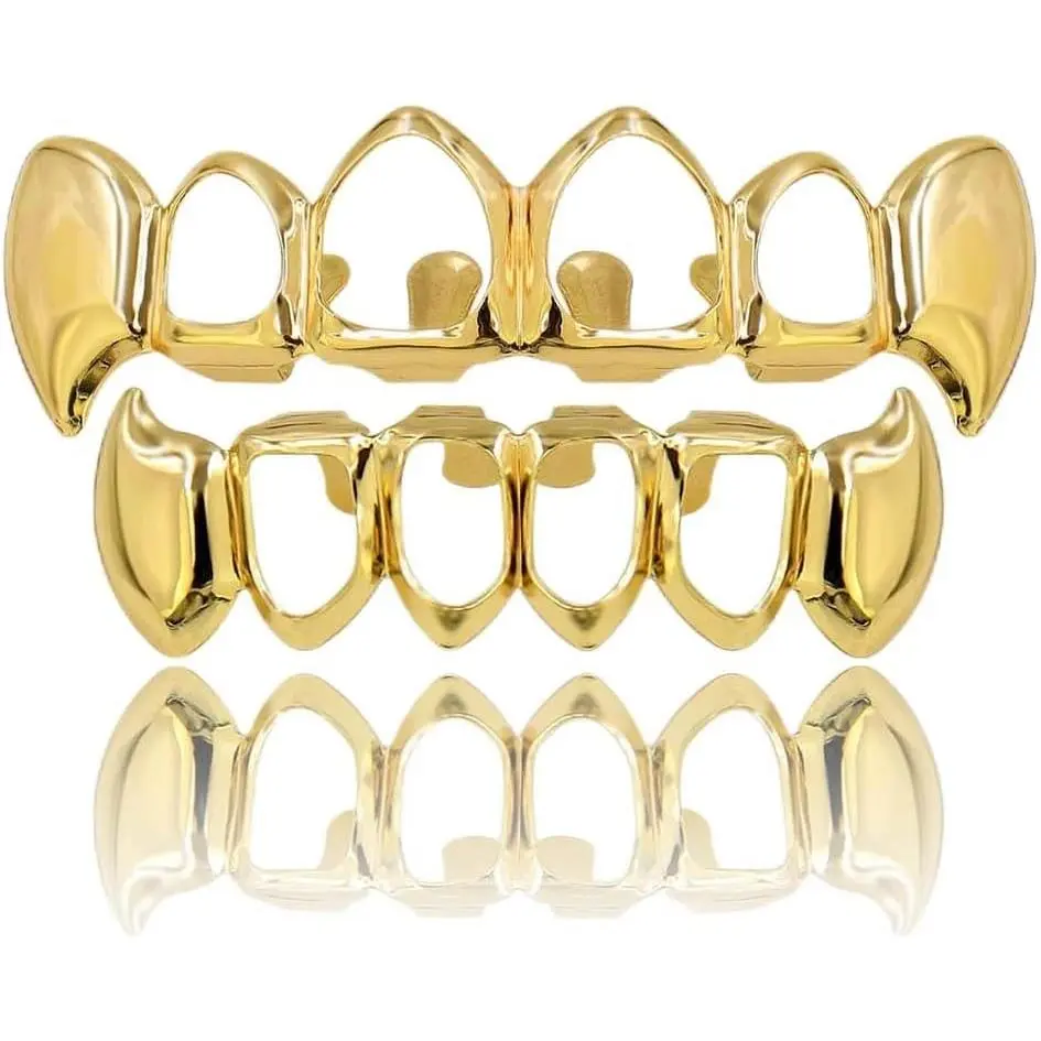 TOPGRILLZ Vampire Teeth Grillz - Grills for Your Teeth, 14K Gold Plated Vampire Fangs Open Face Gold Grillz for Men Women Hip Hop Cosplay Rapper Costume Accessory (Extra 2 Molding Bars)