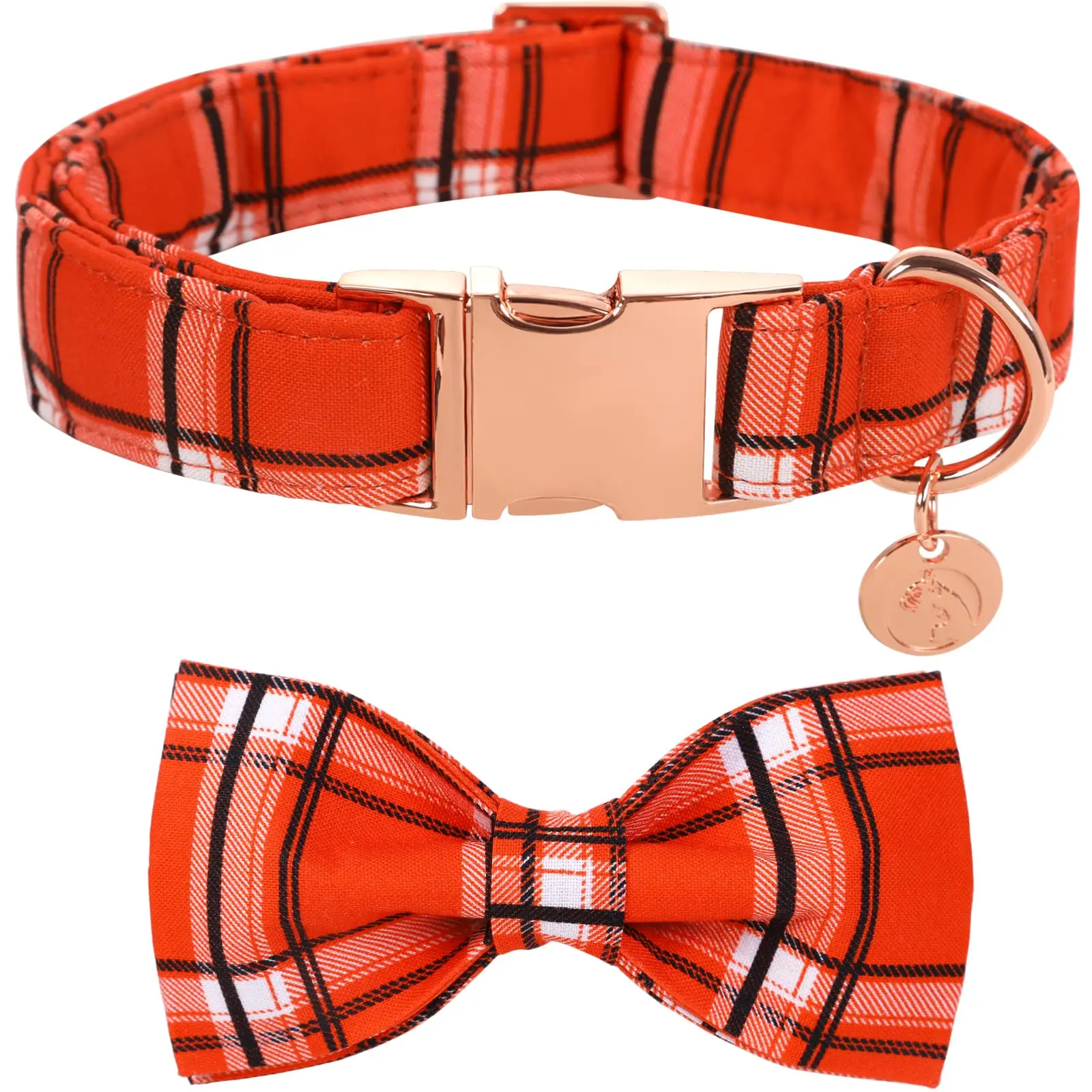 DOGWONG Fall Plaid Dog Collar – Adjustable, Soft & Comfy Orange Plaid with Removable Bow Tie for Small, Medium & Large Dogs