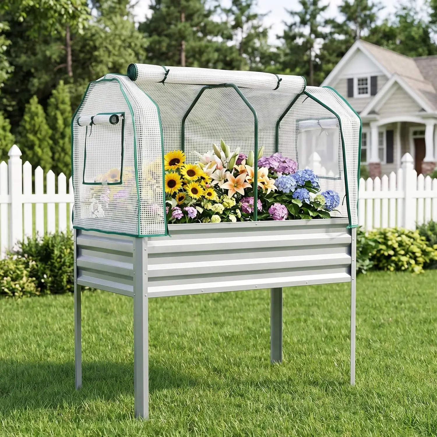Garvee Galvanized Steel Raised Garden Bed - Durable All-Seasons Outdoor Raised Bed with Cover, Metal Frame, Legs, 48x24x56 Inches Silver for Backyard