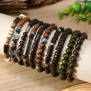 10Pcs Bohemian Wooden Beaded Bracelet Set, Couple Handmade Jewelry
