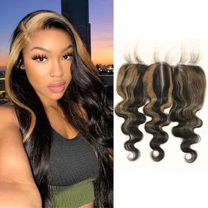 13x6 Ombre Frontal Only Body Wave Human Hair, 12A Virgin #27 Honey Blonde Highlight Skunk Stripe Ear to Ear 13X6 Lace HD Transparent Frontal Pre Plucked Larger Free Deep Part 150% Density
