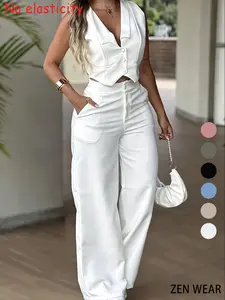 New Women's Pants Set, Sleeveless Waist Cinching Vest Set, Wide Leg Pants, Elegant Minimalist Office Lady Commuter Two-Piece Suit