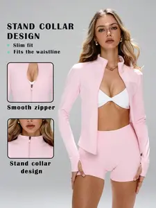 Women Zip Up Athletic Jacket With Thumb Holes Slim Fit Stretch Fabric And Shaping Seams For Pilates Yoga Dance Running Workout And Athleisure Wear
