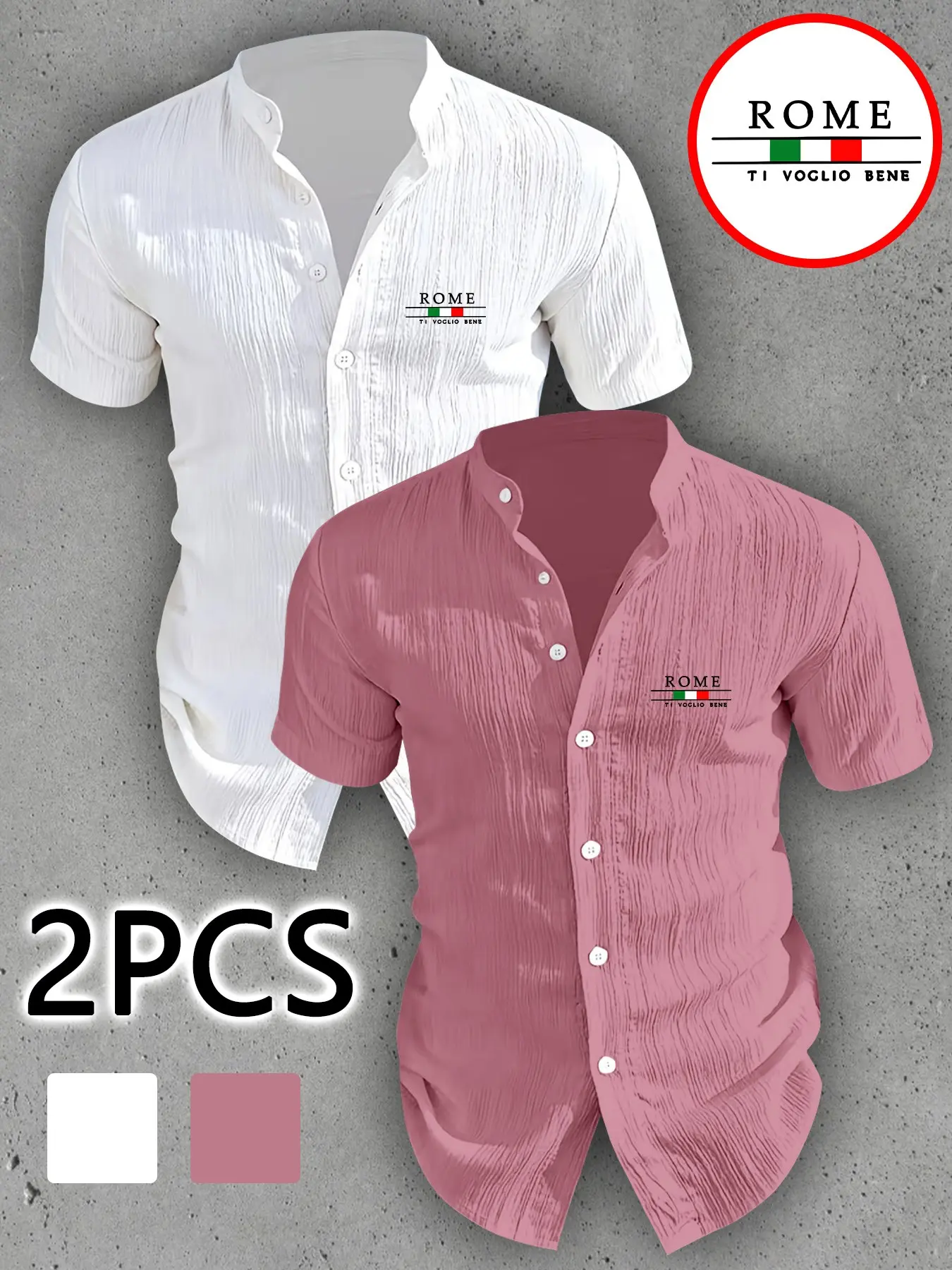 Two-Piece Set Roman Print Men's Summer Short Sleeve Beachy Shirt, Lightweight Breathable Solid Button Stand Collar Casual Shirt, Top Menswear Beach Vacation Pool Party Daily Wear