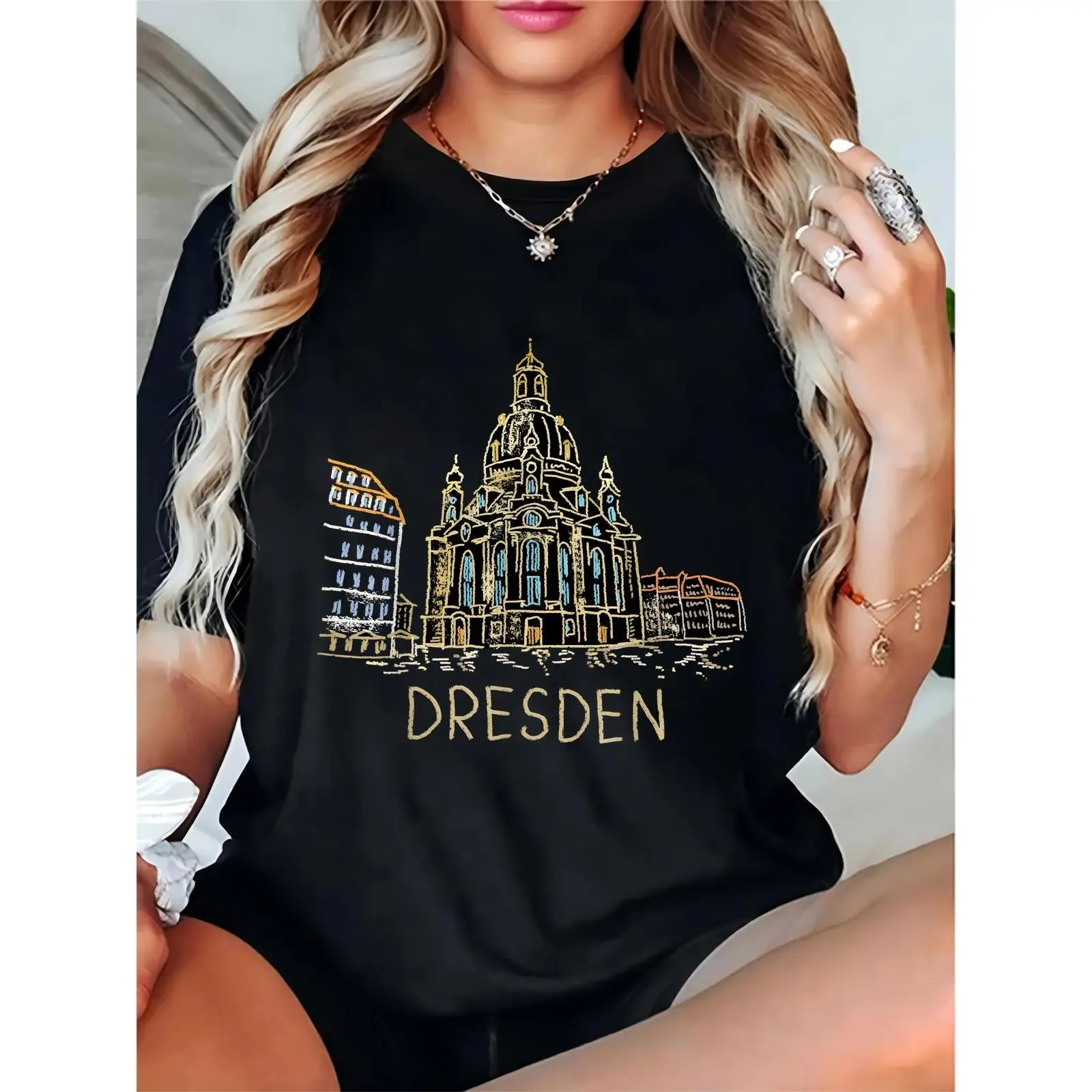 Women's Black Dresden Cityscape Cathedral Print T-Shirt, Casual Daily Travel Fashion for Architecture & City Lovers 100% Cotton T-shirt