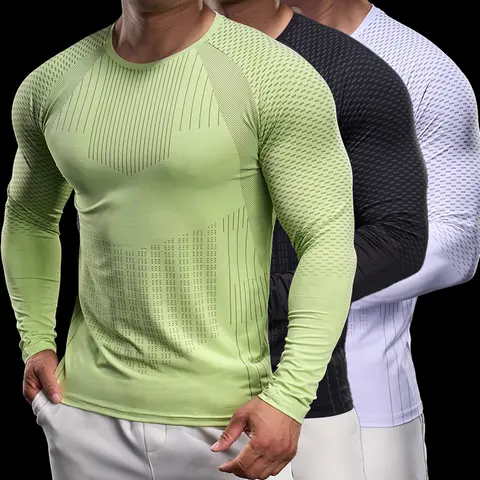 Nadsir Men's Workout Long Sleeve Shirt - Stretch Fit Athletic Fitness Activewear, Perforated Breathable Moisture-Wicking Male Clothing Gym Base Layer Top