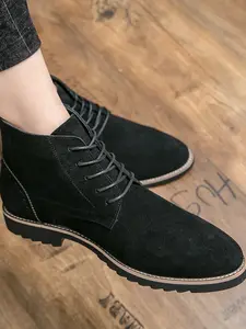 Men's Low Heel Pointed Toe Comfortable High-Top Boots, Rubber Sole, Simple Laced Design, Stylish and Durable, Perfect for Daily Wear