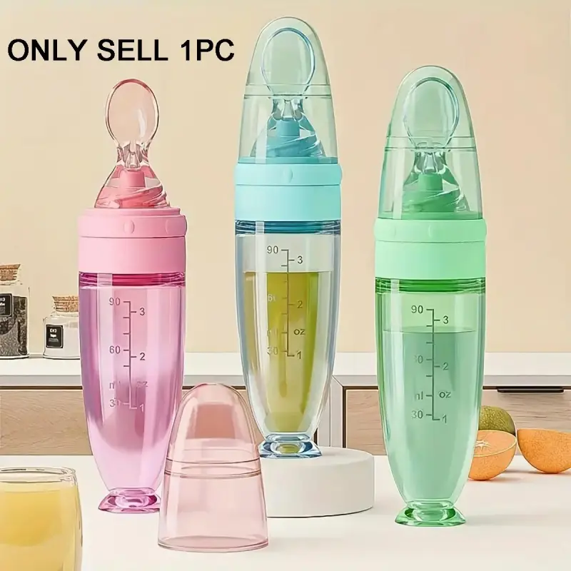 Silicone Baby Food Storage Bottle with Spoon, 1 Count Soft Squeeze Meals Feeding Bottle with Dustproof Cover & Spoon, Baby Food Container for Travel, Newborn Feeding Accessories