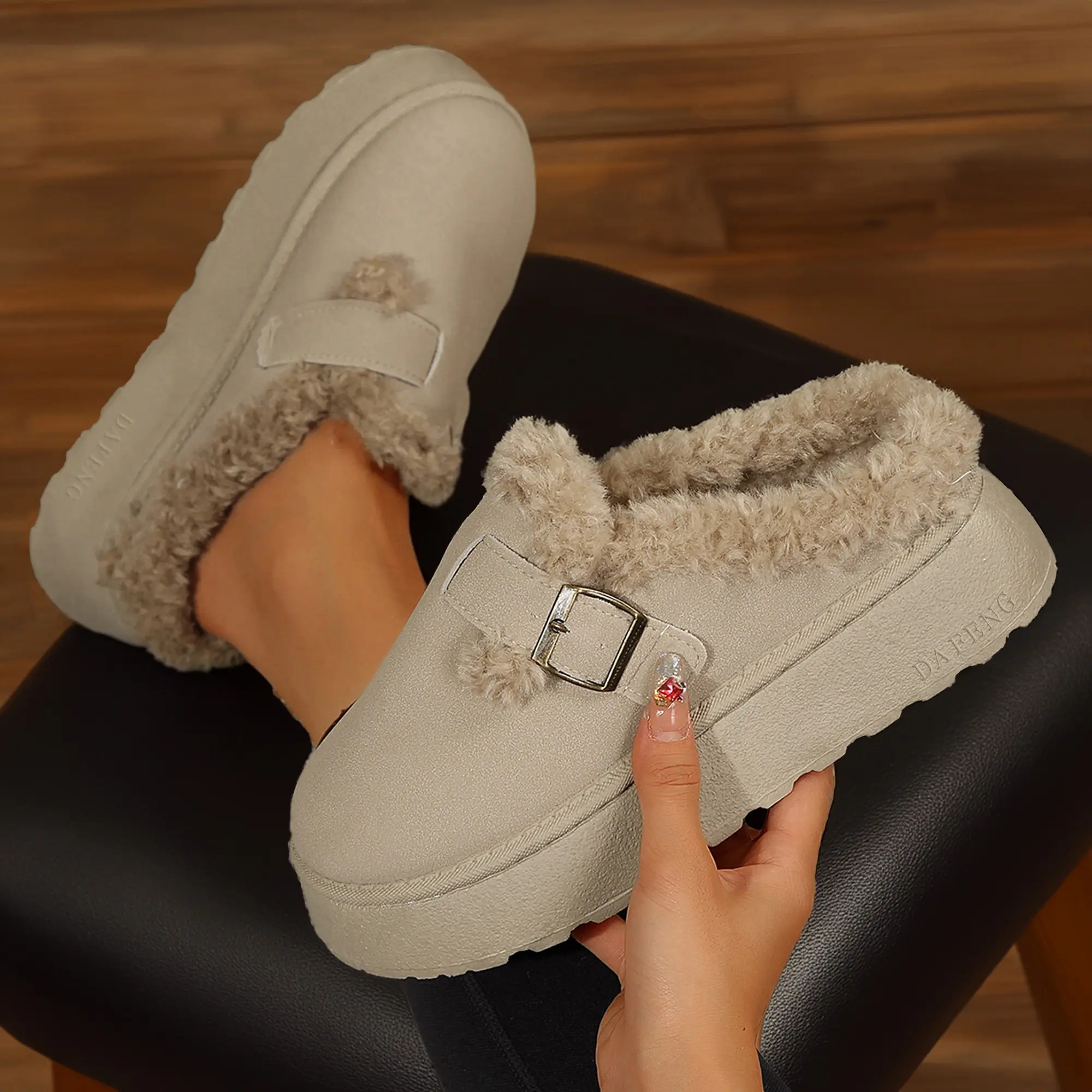 Women's Platform Slippers Adjustable Buckle Warm Slip on Boots Comfy Faux Lined Winter Shoes Indoor Outdoor Springfresh Soft Footwear