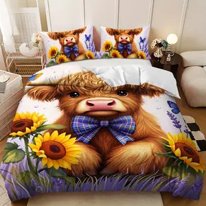 Bedding 3-piece set - 3PCS,Spring Happy Brown and Blue Plaid Bow Sunflower and Lavender Design Down Comforter Set (1 comforter cover + 2 pillowcases, filling not included) soft and comfortable, suitable for family bedrooms.