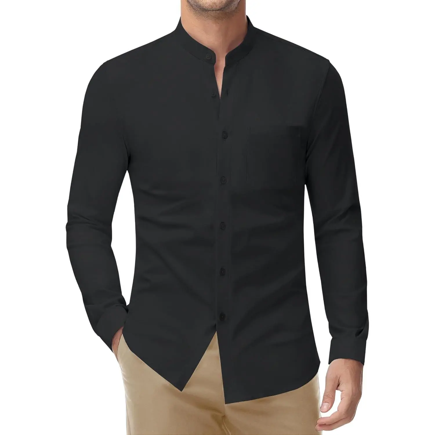 Dog & Cat Solid Collarless Formal Banded Collar Long-Sleeve Button-Down Stretch Dress Shirt, Menswear-Inspired Pet Clothing with Pocket, All-Seasons Costumes