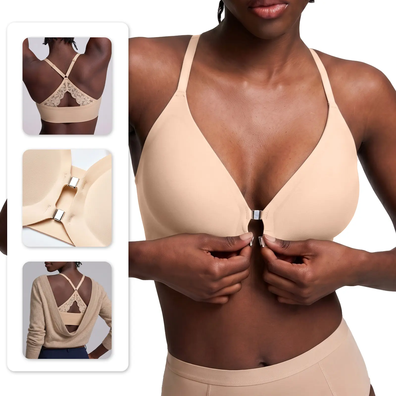 VRCOMFY Women's Deep V Seamless Bra, Wireless Front Closure Comfort Bra, Soft Lace Everyday T-Shirt Bra