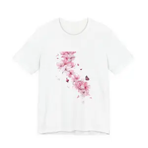Pink Cherry Blossom Branch T-Shirt Watercolor Flowers Butterflies 100% Airlume Cotton Soft Breathable Tee for Adults