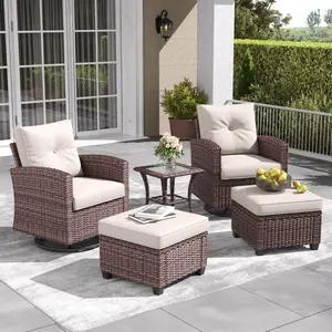 LayinSun 5 Piece Outdoor Wicker Swivel Rocking Glide Chairs with Ottoman and Coffee Table, Conversation Set with Comfy Cushions for Garden, Backyard, Porch