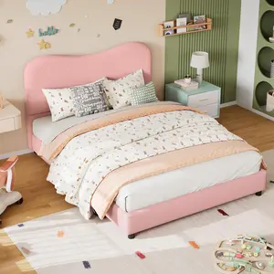 【Christmas Gift】Pink Queen Size Queen Bed Frame for Kids with Velvet Upholstered Headboard Cute Low Profile Platform Bed for Girls and Boys No Box Spring Needed Strong Wooden Slats Noise Free Easy Assembly Pink