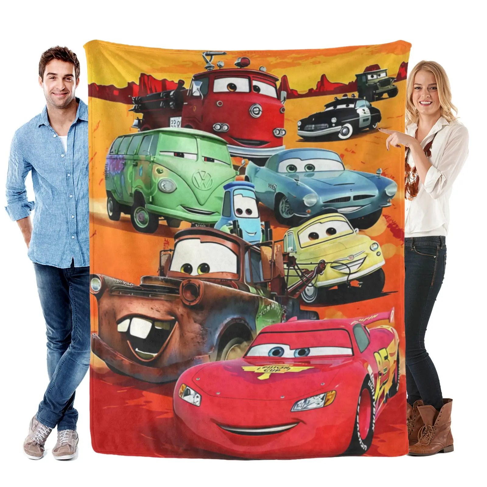 [Summervibes] Cars Movie All Main Characters Desert Background Blanket, Washable Flannel, Pixar Cars Blanket For Teen Bedroom Styling