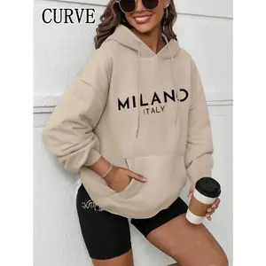 Plus Size Women's Letter Printed Hooded Long Sleeved Sweatshirt