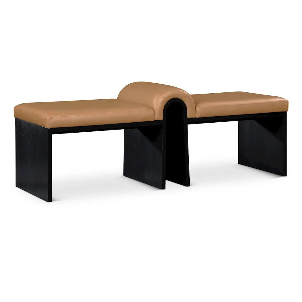 Delphine Cognac Vegan Leather Upholstered Bench, Contemporary Home Decor Piece, Curved Back Design, Oak Veneer & Solid Wood Construction