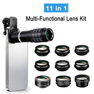 Prokaleifessional 11-in-1 Mobile Phone Camera Lens Kit:12x Telescope+198° Fisheye+0.63x Wide Angle+CPL lens+2x Telephoto+kaleidoscope Lens6+ kaleidoscope Lens3+ Star filter+Radial filter+Flow Filter , suitable for iPhone, Samsung, LG and most smart phones