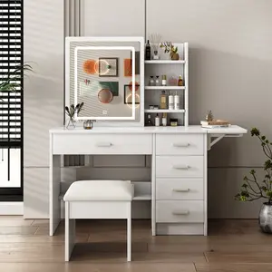 Elegant White Vanity Table with LED Mirror & Spacious Storage – Modern Makeup Desk with Multi-Tier Shelf, Drawers, and Stylish Bench, Perfect for Bedroom or Dressing Room, Premium Quality & Chic Design for Your Beauty Routine
