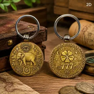Vintage Wooden Lucky Keychain, Elephant Clover 777 Lucky Symbol Pendant, 2D Replica Coin Bag Charm Car Key Ring, Lucky Gift For Friends
