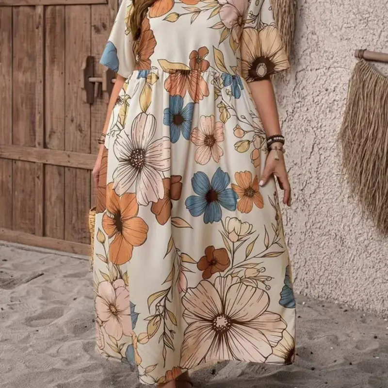 Boho Large Size Floral Print Dress, All Over Print, Summer Casual Loose Short Sleeve Round Neck Long Dress, Vacation Style, Comfortable and Stylish, Bohemian Sun Dress, Bohemian Boho Chic