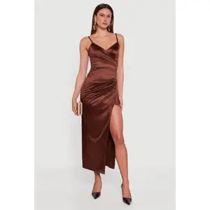 Satin Ruched Faux Wrap Maxi Dress with Side Slit