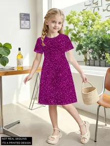 Girls' Elsa Princess Dress, Summer Short Sleeve Frozen Print A-Line Dress, Casual Fitted Asymmetrical H-Type One-Piece