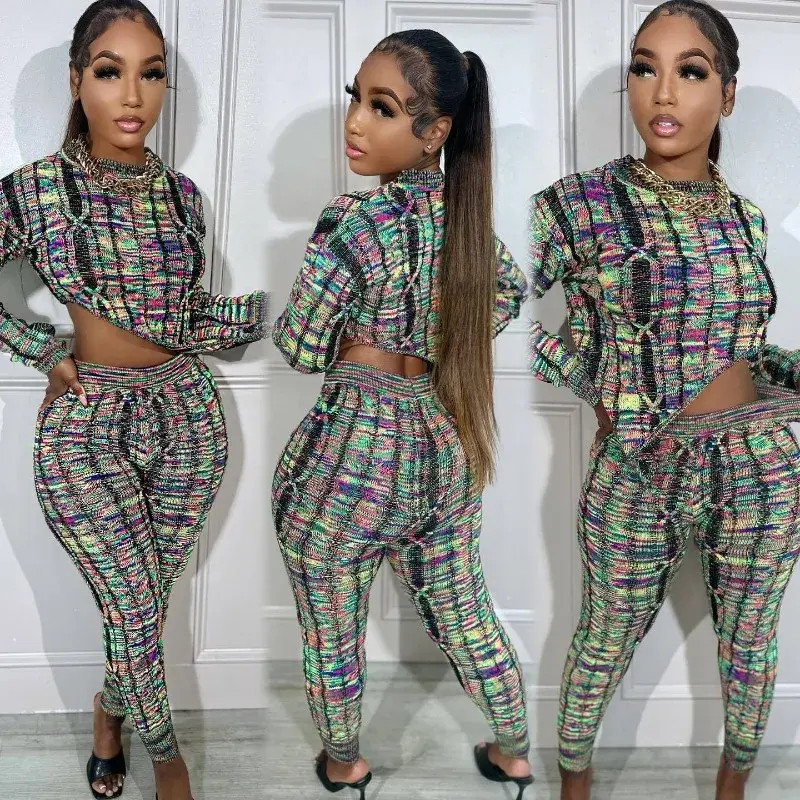 summer spring clothes Women Colorful Knitted Sweater Two Piece Set Long Sleeve Asymmetrical Pullovers Crop Top High Waist Pencil Pants Casual Suits