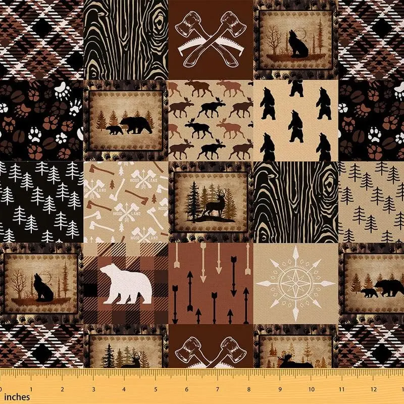 Bear Fabric by The Yard,1 Yard,Cute Elk Print Decorative Waterproof Fabric,Farmhouse Wild Animals Style Upholstery Fabric,Plaid Grid Geocmetric Fabric, Fabric For Indoor And Outdoor Use, Medium Weight