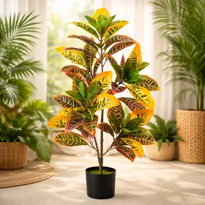 One 3 Foot Indoor Outdoor Artificial Croton Palm Tree Bush UV Rated Potted Plant