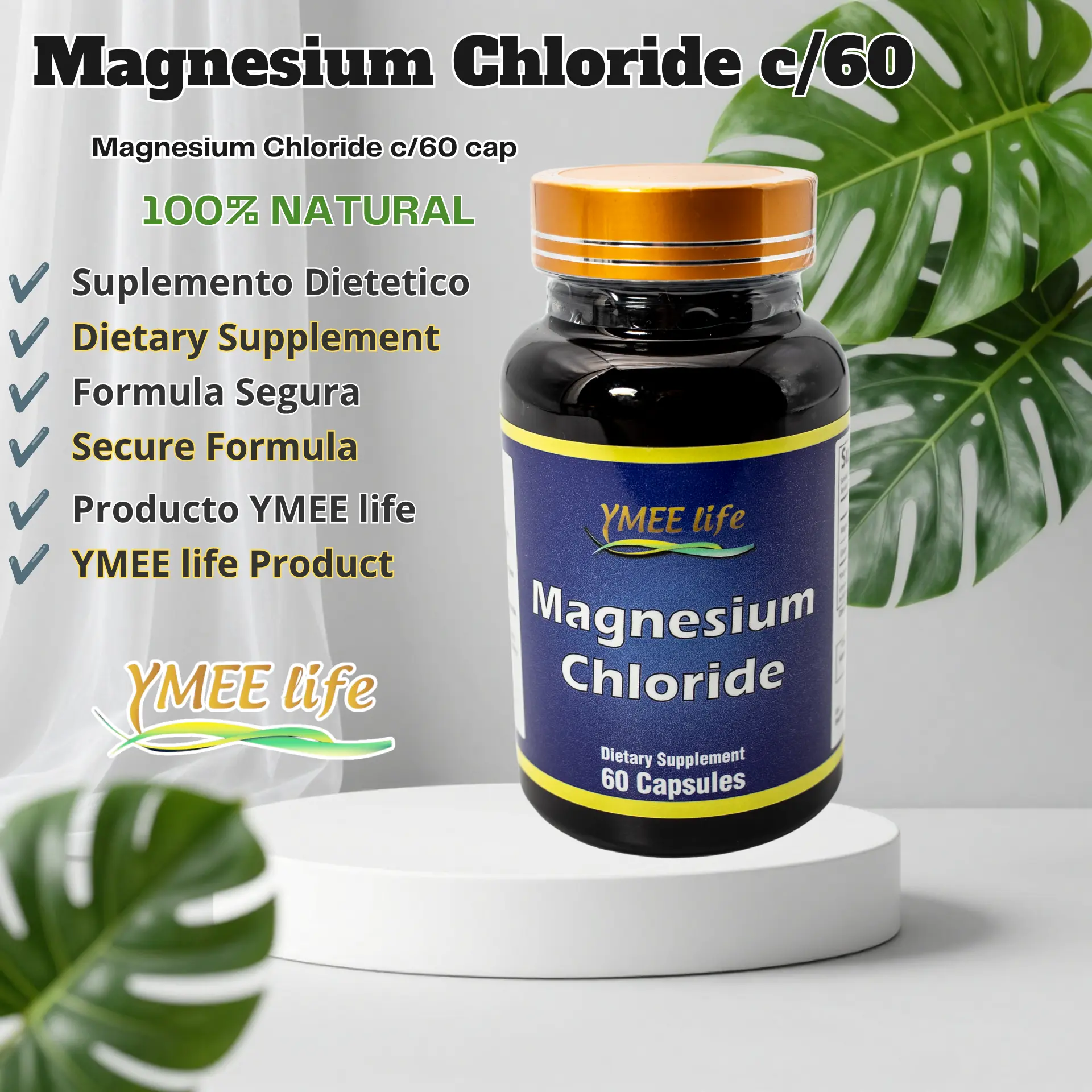 100% Natural Magnesium Chloride Dietary Supplement - Vitamins & Minerals for Muscle Support, Heart Health, Nutrient Wellness (60 Capsules)