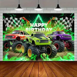 Monster Truck Flame Birthday Party Banner Tapestry, Vibrant Polyester Background, Trucks, Happy Birthday Text, Bedroom Room Restaurant Decor