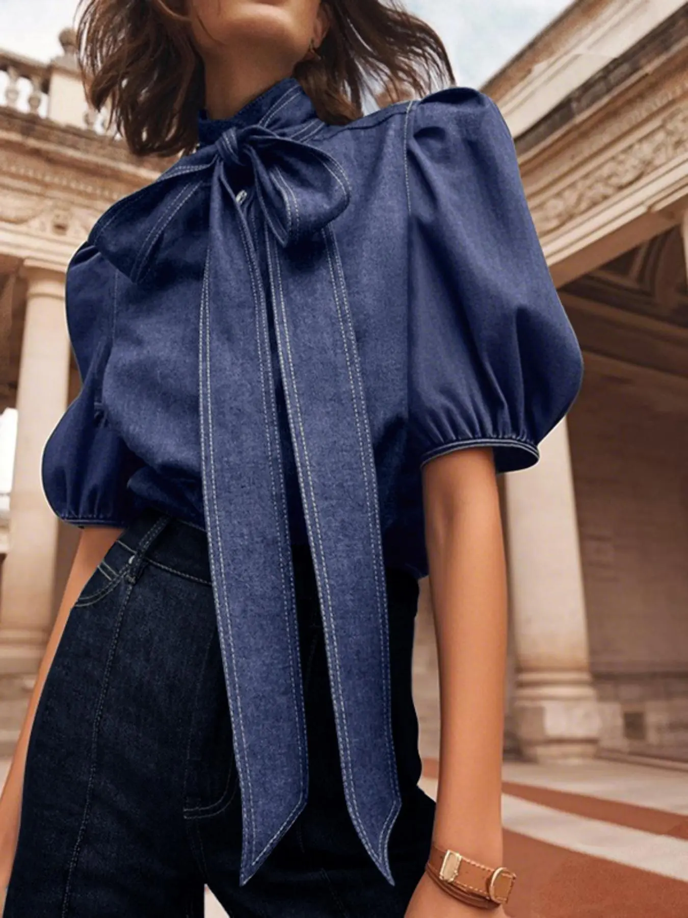 Women's Plain Bow Decor Puff Sleeve Shirt, Casual Half Sleeve Top for Summer, Ladies Clothes for Daily Wear, Shirts, Blouse
