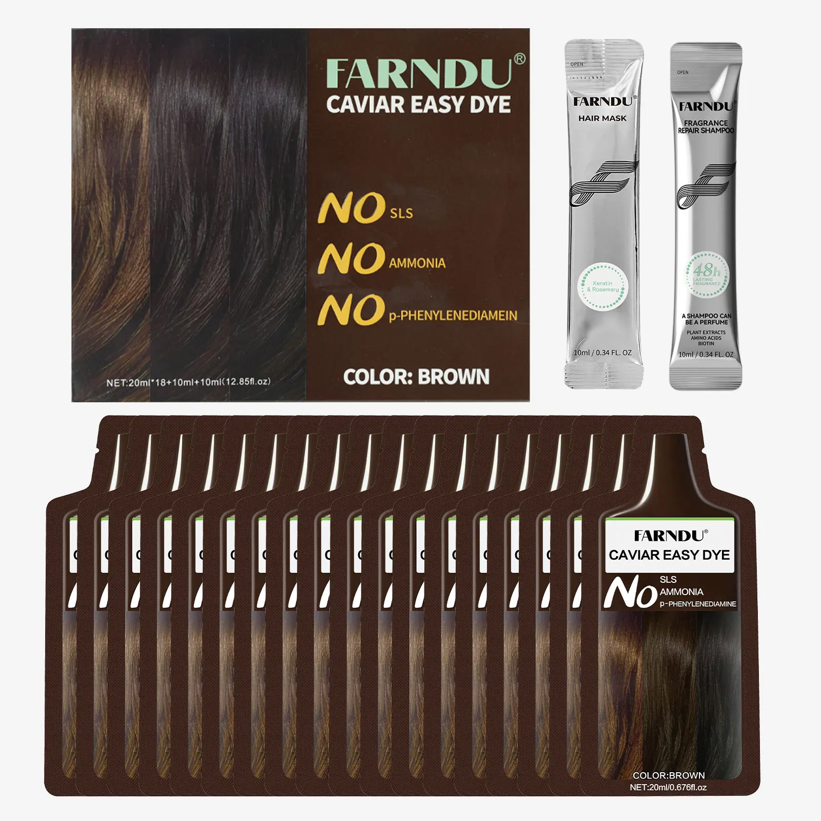 FARNDU CAVIAR EASY DYE Rich Caviar 380ml NO SLS/AMMONIA/PPD 5 Plant Extracts 10-15 Mins Fast Hair Dye Black Color Dark Brown Haircare Gift