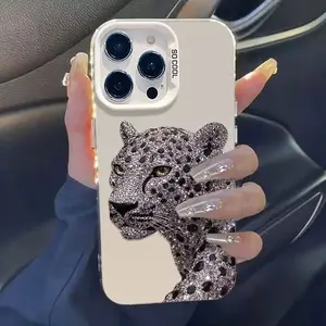 Gray diamond leopard pattern, shockproof and anti-slip TPU large-hole lens IMD phone case, suitable for iPhone 17, 16, 15, 14, 13, 12, 11, XS, X, Samsung and other series models. Can be given as a gift to friends or family.